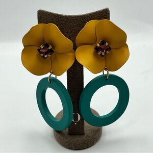 Metal Yellow and Teal Floral Earrings